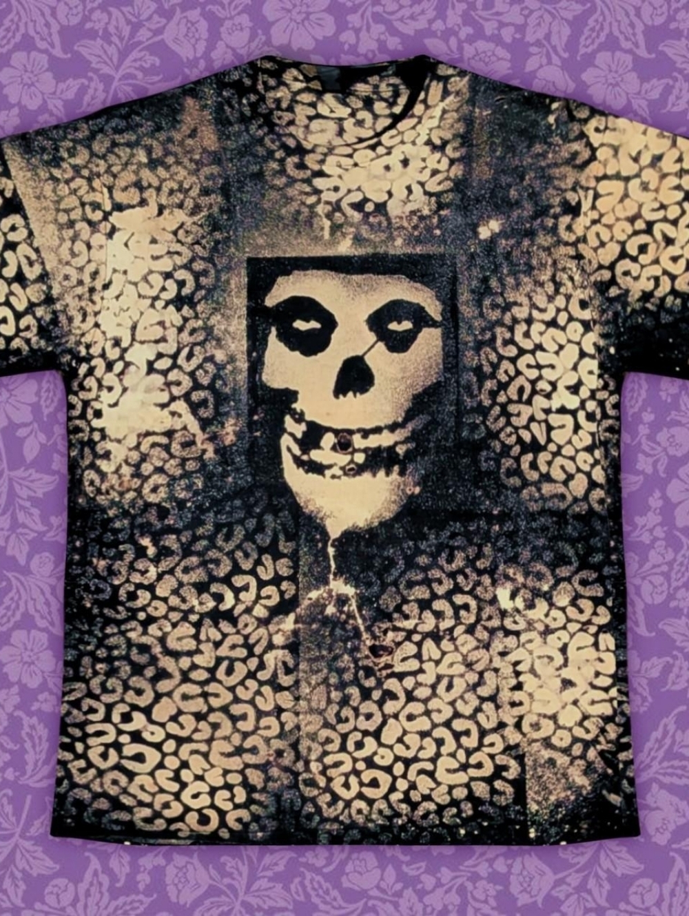 Misfits Black & Beige Punk Handmade  Bleach-Dye Cheetah Print Tee | Size M